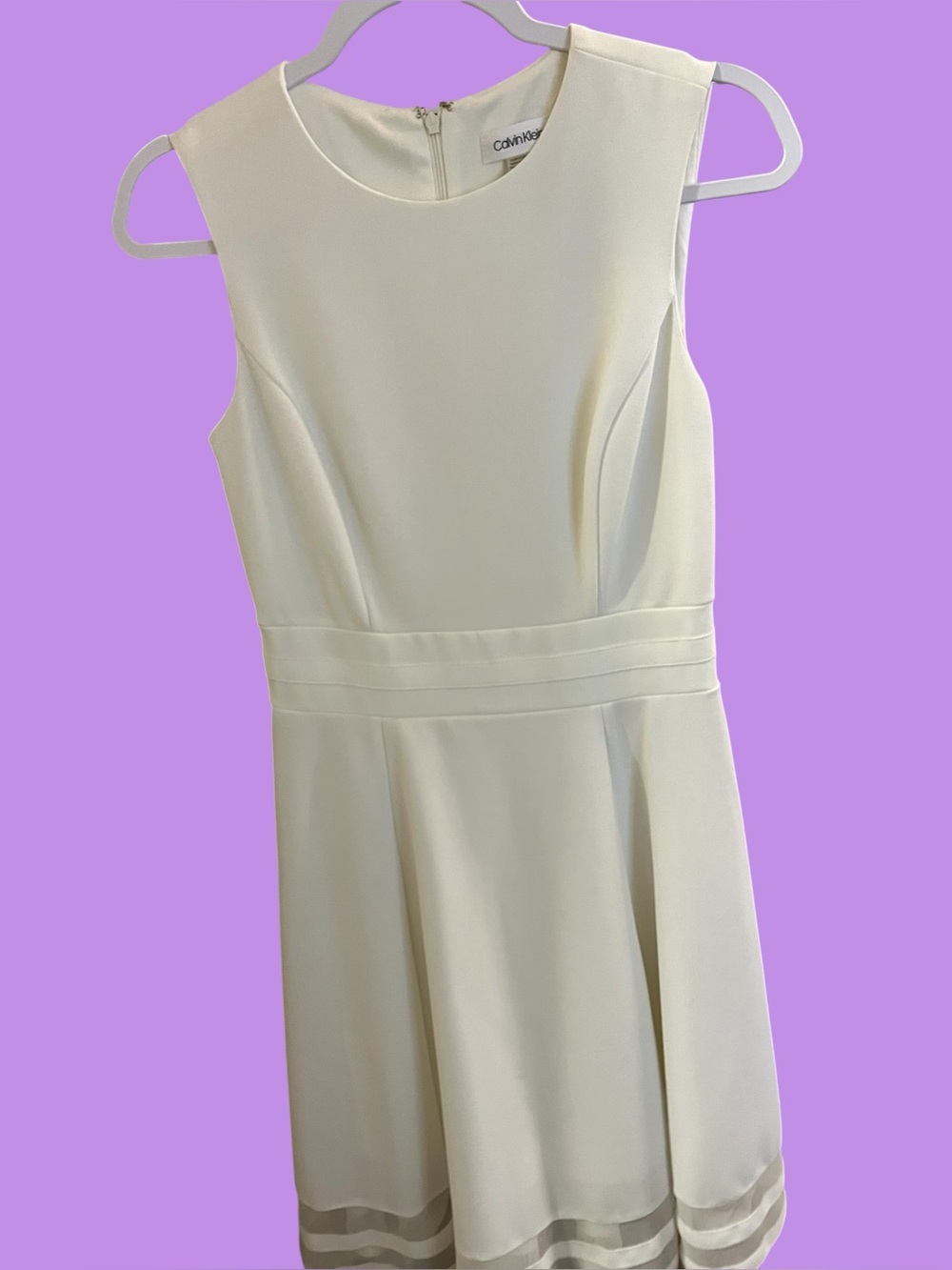 Calvin Klein White Formal Knee Length Dress With Shear Trim at Hem SZ 4